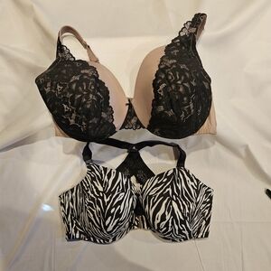 Cacique 46DDD Back Smoothing Bra Bundle Black Lace Nude & Zebra Print Full Cover
